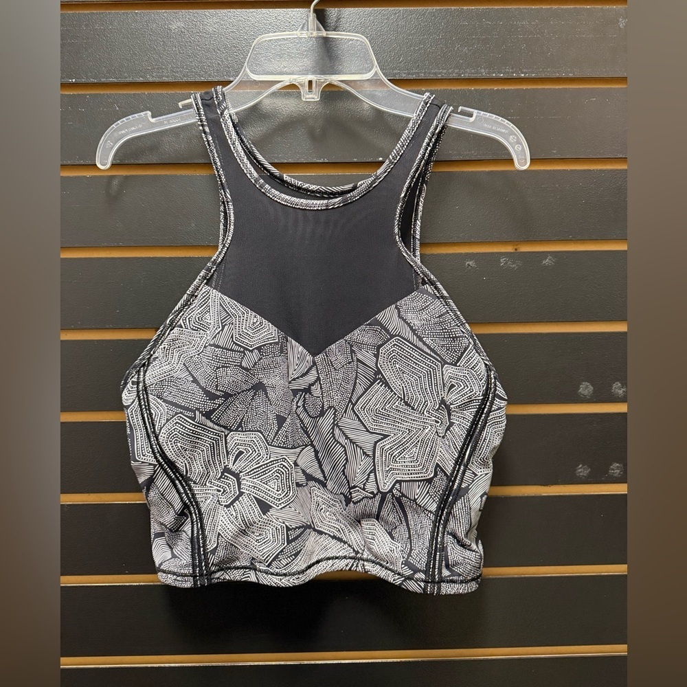 Lululemon Sports Bra Size 10 Black White Pattern High Neck Strappy Yoga